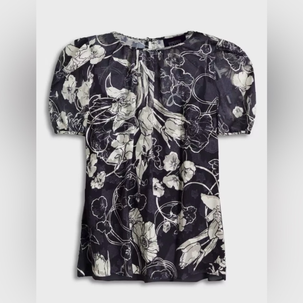 NWT Marchesa Notte sz 14 short sleeve navy & white floral chiffon top w/camisole